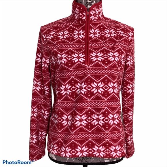 Lands’ End Fair Isle Snowflake Quarter Zip Fleece Pullover Lightweight Red White - Picture 2 of 14